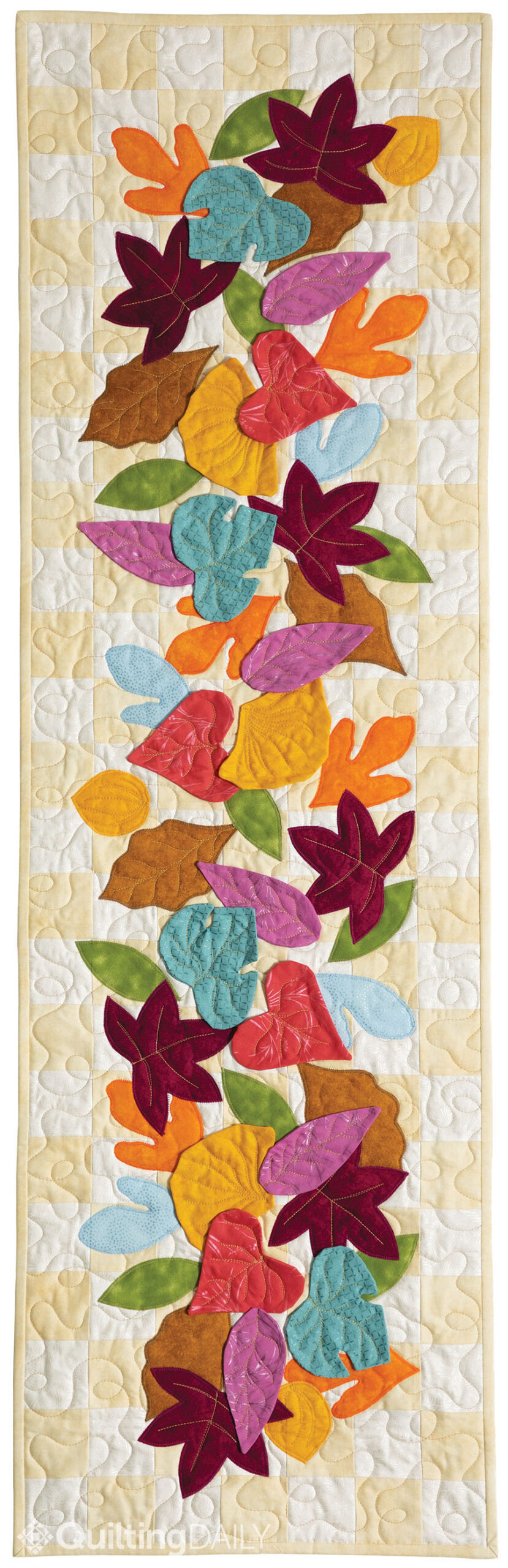 3dRose Contemporary Colorful Folk Art Fall Leaves Pattern - Quilt Squares  (qs-370194-10)