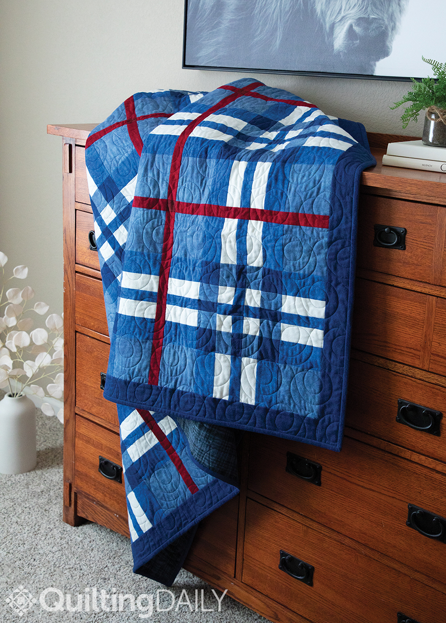 Free pattern: Perfectly Plaid - quilt displayed on a dresser