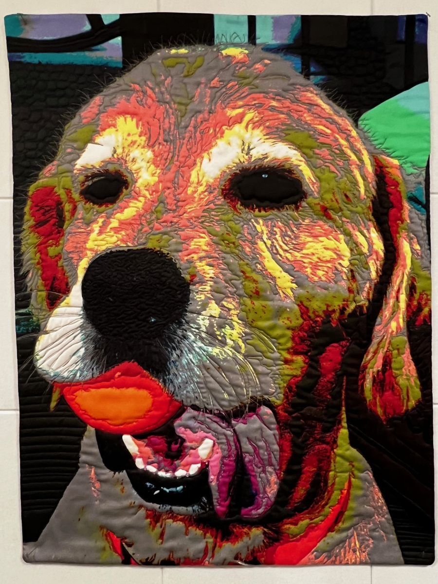 Remembering Stella with a Red Ball dog portrait art quilt by Arlene Blackburn