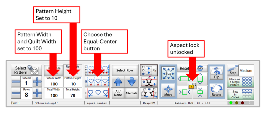 Quilt Path screenshot for Pantograph Basic mode setup of single-repeat designs